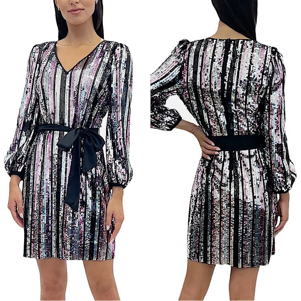 SAM EDELMAN: Women's Sequined Striped Tie-Belt Sheath Dress -Size 4